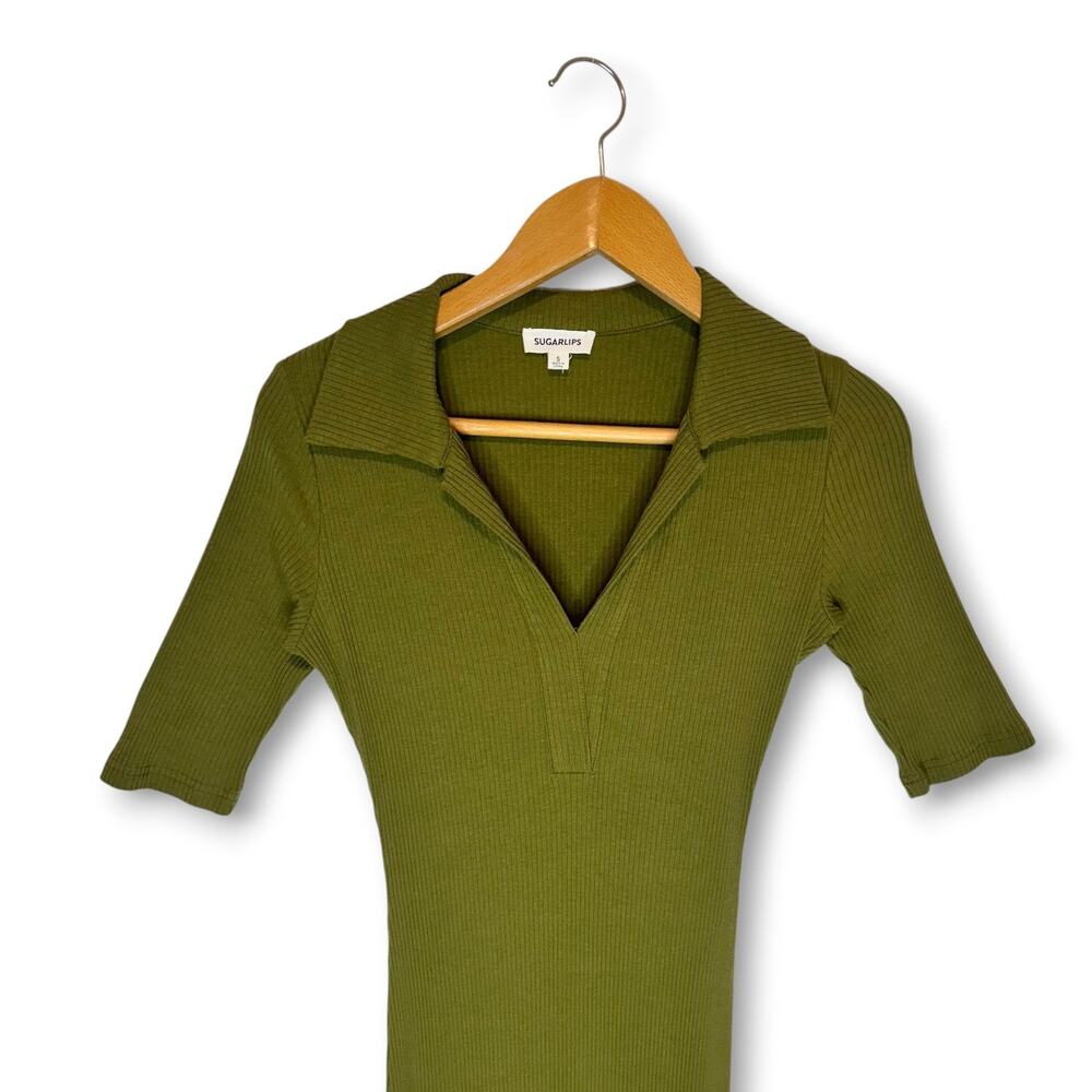 Sugarlips Women's Beatris Fitted Jonny Collar Dress Size S Olive Green Midi - Picture 3 of 9